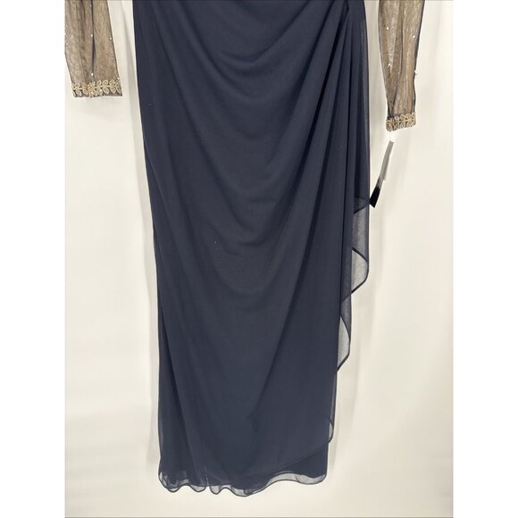 New XSCAPE Size 2 Petite Navy Gold Embellished Illusion-Bodice Ruched Gown Dress - Picture 5 of 10
